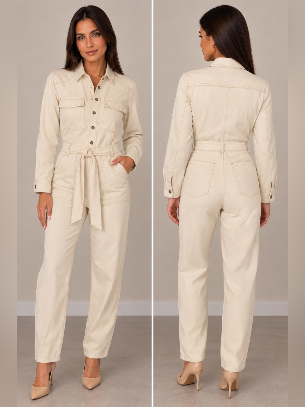 Women's Cream Utility Jumpsuit with Tie Belt
